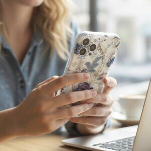Floral Embroidered Phone Case in Blue and Cream